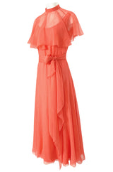 Prettiest 1970s George Stavropoulos Coral Silk Chiffon Dress Capelet & Sash