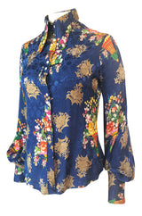 1960s Rare Blue Floral Print Silk Jeff Banks Button Shirt