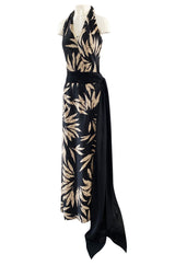 Gorgeous 1980s Valentino Haute Couture Black & Ivory Silk Print Plunging Halter Dress