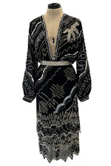 Sexy 1982 Fabrice Simon Black Densely Beaded Silk Chiffon Dress w Plunge Front