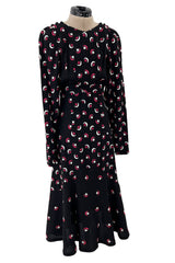 Wonderful 1971 Ossie Clark Moss Crepe Dress w Celia Birtwell Moon & Star Embroidery