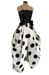 Early 1980s Possible Louis Feraud Graphic Sequin Bodice w Black & White Dotted Bubble Skirt Dress