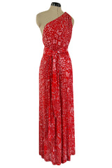 Spectacular 1980s Salvatore Ferragamo Red Glass Beaded One Shoulder Dress
