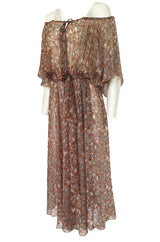 1970s Scott Barrie Off Shoulder Taupe Print Silk Chiffon Midi Dress