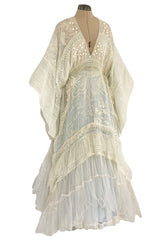 Important 1972 Zandra Rhodes Hand Painted 'Butterfly' Kimono Sleeve Dress w Lily Print & Original Petticoat