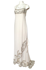 1990s Valentino Trained Backless Ivory Silk Dress w Sequin & Bead Detail