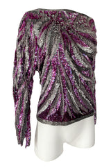 1984 Halston Deep Pink & Silver Densely Sequinned & Heavily Beaded Top w Wide Neckline