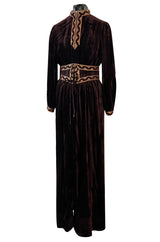 Late 1960s Oscar de la Renta Deep Brown Flat Velvet & Brocade Dress w Slit Sleeves & Lace Belt