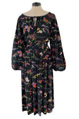 Gorgeous 1970s Yves Saint Laurent Floral Print Silk Skirt & Balloon Sleeve Top Set