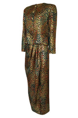 Fall 1989 Bill Blass Gold Silk Lame Leopard Evening Jacket & Skirt Suit
