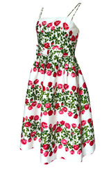 1960s Unlabeled Pink & Green Floral Print on White Cotton Dress