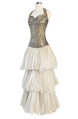 Rare Late 1920s Early 1930s Howard Greer Silver Beaded Halter Dress w Silk Tulle Net Tiered Skirt