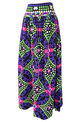 c.1974 Lanvin Bright Purple & Green Printed Jersey Full Length Maxi Skirt