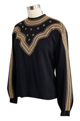 Stunning 1940s Black Silk Crepe Top w Extensive Hand Embroidered Neckline & Sleeves