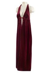 1970s Deep Front Plunge & Racer Back Halter Dress in a Jewel Toned Burgundy Silk Velvet