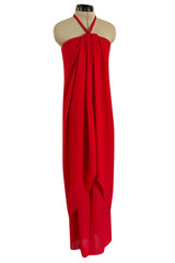 Easy to Wear Fall 1994 Bill Blass Red Silk Crepe Gathered Front Halter Dress