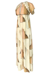 1960s Jean Varon Slit Front Empire Waist Art Deco Print Dress