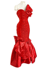 Dramatic 1987 Loris Azzaro Brilliant Red Strapless 'Flame' Dress w Flaring Skirts & Shoulder