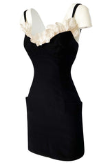 Runway Spring 1997 Thierry Mugler Fitted Black Dress w Extravagant Ruffled Silk Bodice