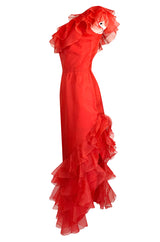1980s Bellville Sassoon Ruffled Red Chiffon One Shoulder Dress
