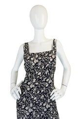 1930s Blue and Cream Bias Cut Silk Floral Print Dress