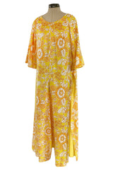 1960s Unusual Wrapped & Tie Printed Yellow Jumpsuit w Full Length Caped Back