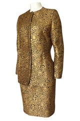 Fall 1991 Bill Blass Well Documented Gold Silk Brocade Jacket & Skirt Suit