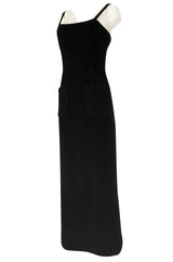 Extraordinary 1970s Bill Blass Black Cashmere Front Pocket Evening Dress