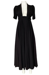 Iconic c.1969 Ossie Clark 'Bridget' Black Crepe Plunge Front Wrap Dress