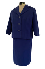 Spring 1960 Pierre Balmain Haute Couture Deep Blue Skirt Suit w Swing Back Button Detailing