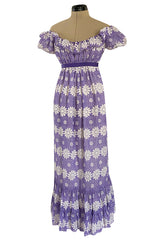 Late 1960s Anne Fogarty Soft Lavender Purple & White Floral Off Shoulder Empire Waist Dress