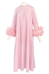 1960s Odette Barsa Loose & Easy Fitting Pink Caftan w Wide Pink Feather Cuffs