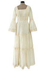 Romantic 1970s Victor Costa Mexican Wedding Dress Feel Ivory Cotton Gauze & Lace Dress