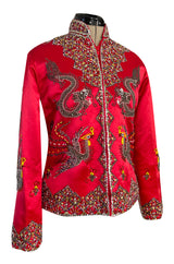 Fabulous 1960s Extensively Beaded & Sequin Front Zip Red Silk Satin Asian Jacket