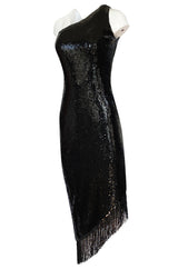 Fall 1974 Bill Blass One Shoulder Glossy Black Sequin Dress with Fringe Hem