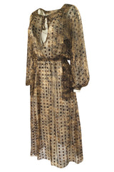 1970s Holly's Harp Silk Ribbon Chiffon Taupe & Black Print Dress