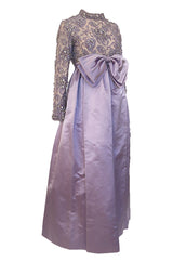 1960s George Halley Couture Lavender Silk Satin Dress w Heavily Detailed Crystal & Rhinestone Bodice