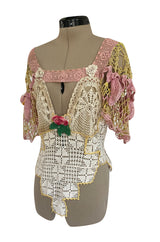 1960s Handmade Crocheted Crop Top w Open Front Pink Sleeves & Gold Metallic Accents