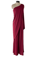Fabulous 1970s Unlabeled Burgundy Jersey One Shoulder Wide Leg Jumpsuit