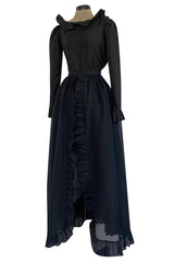 1972 Bill Blass Black Silk Taffeta Dress w Attached Silk Organza Skirt & Open Ruffled Back
