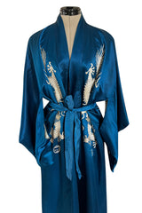 Decadant 1920s Unlabeled Deep Blue Silk Kimono w Hand Embroidered Dragons