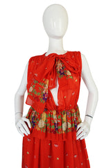 1970s Alberto Fabiani Open Slit Coral Silk Print Dress