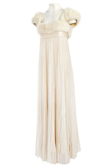 1964 Sarmi Ivory Knife Pleated Silk Chiffon Dress w Cream Mink Bodice & Silk Ribbon Detail