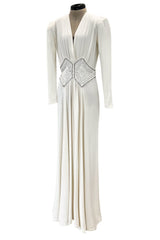 Gorgeous 1930s Off White Moss Crepe Dress w Hand Beaded 'Belt' Detailing
