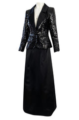 Documented Fall 1992 Yves Saint Laurent Black Sequin 'Le Smoking' Jacket & Silk Maxi Skirt Set