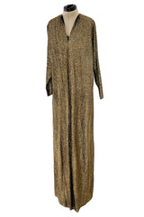 Fabulous 1970s Halston Metallic Gold & Black Lame Lurex Full Length Caftan Dress w Notched Neckline