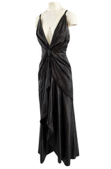 c.1984 John Anthony Black Metallic Lame Jersey Dress w Very Deep Front Plunge & No Back