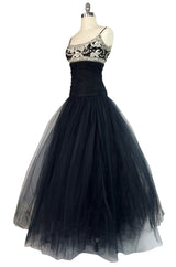 1980s Bellville Sassoon Appliqued Bodice & Princess Skirted Tulle Dress