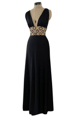 Incredible 1970s Loris Azzaro Open Gold & Black Bead Waist Dress w Halter Top & Bare Back