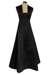 Minimalist 1960s Pauline Trigere Black Silk Satin Dress w Squared Off Neckline